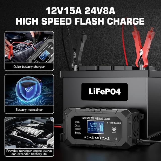 Detalle 2 de Husgw 12V 15A / 24V 8A caricabatterie per auto, moto e camion LiFePO4 con 9 livelli