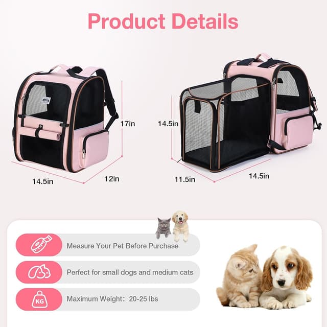 Detalle 2 de Lekesky Large Cat Carrier Backpack Expandable (Pink) – Pet backpack for small dogs & medium cats up to 25 lbs