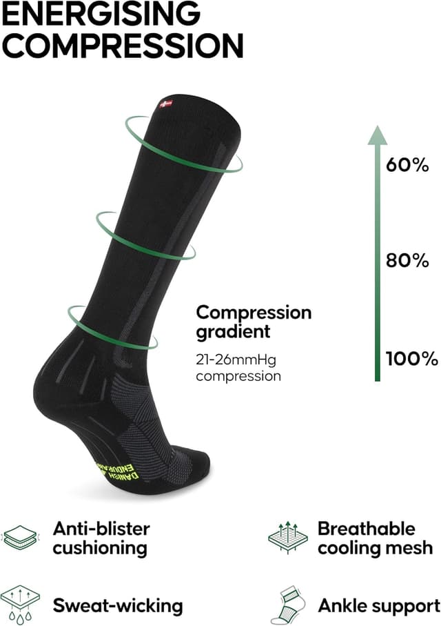Detalle de Danish Endurance Running Compression Socks (21–26mmHg) – Flight Socks for Men & Women, Unisex, Black/Grey, 9–12