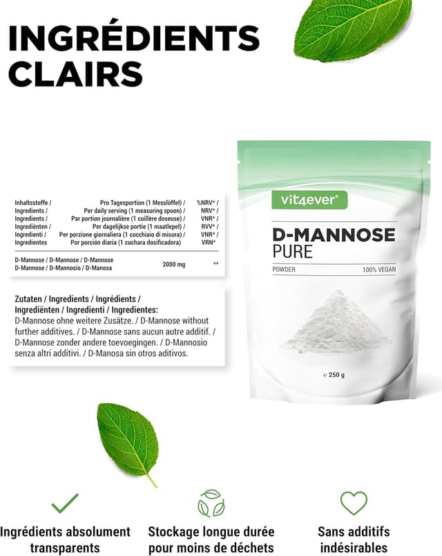 Detalle de Poudre de D-mannose Pur & Naturel 250 g — sans additifs, vegan
