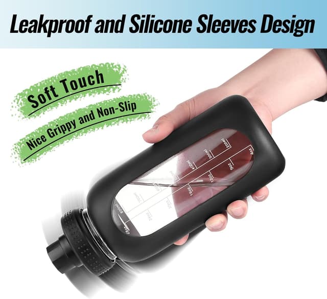 Detalle de EALGRO 64 oz Glass Water Bottle With Straw and Handle (Black) — Half-Gallon Motivational Hydration Jug