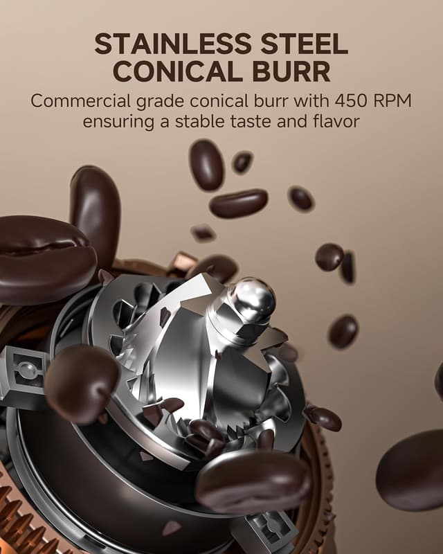 Detalle de AMZCHEF Electric Burr Coffee Grinder with 75 grind settings and near-zero retention