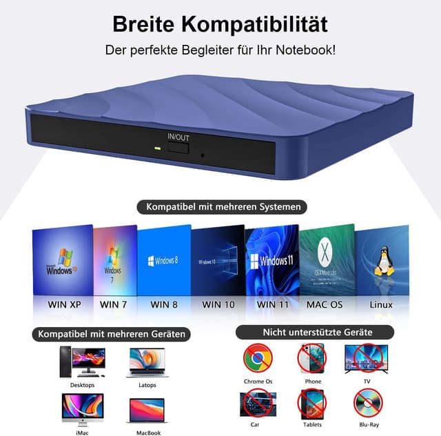 Detalle de QDSYLQ externes USB DVD-/CD-Laufwerk (DVD Brenner, CD +/-RW) für Windows und Mac