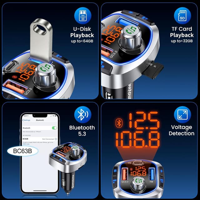 Thumbnail 6 de GizmoVine FM Transmitter for Car with 81W Fast Charge (PD 45W & QC3.0 36W) and Bluetooth 5.4