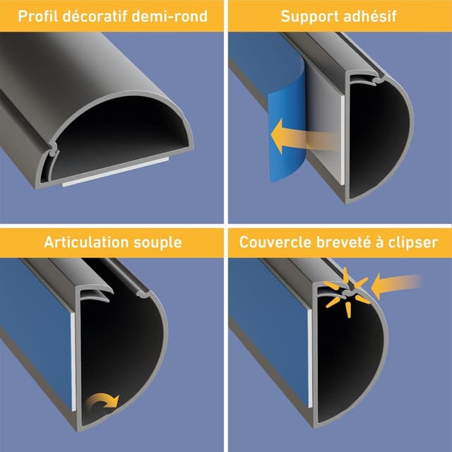 Detalle de D-Line Goulotte passe-câbles 30 x 15 mm, multipack 4 m (profil demi-rond, cache-fils auto-adhésif) – effet aluminium