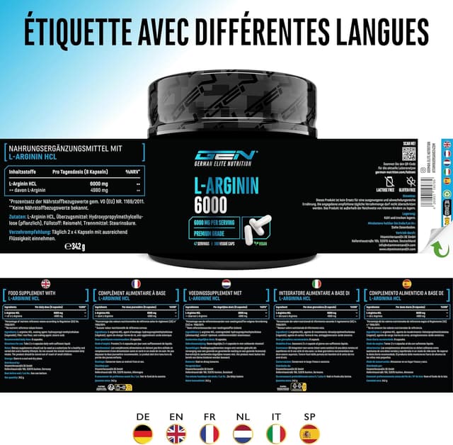 Detalle de German Elite Nutrition L-Arginin 380 gélules véganes – 6000 mg de L-arginine HCl par portion quotidienne