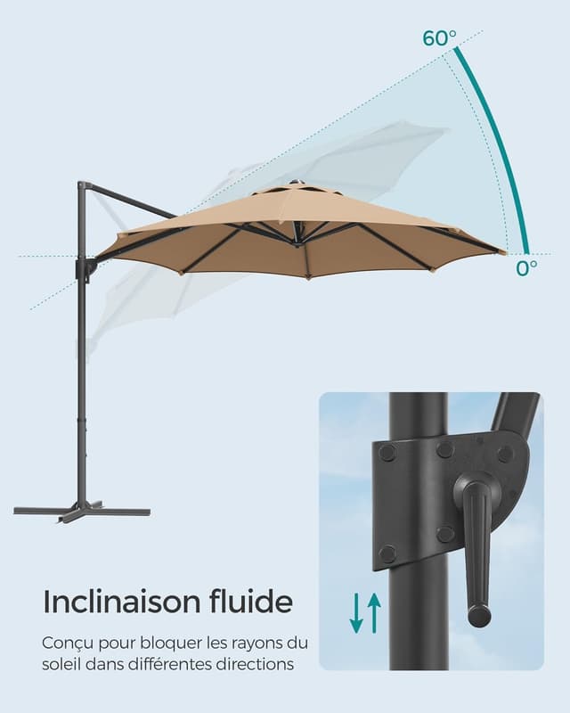 Detalle 2 de Parasol de jardin SONGMICS 300 cm UPF 50+ pivotant à 360° avec inclinaison et manivelle