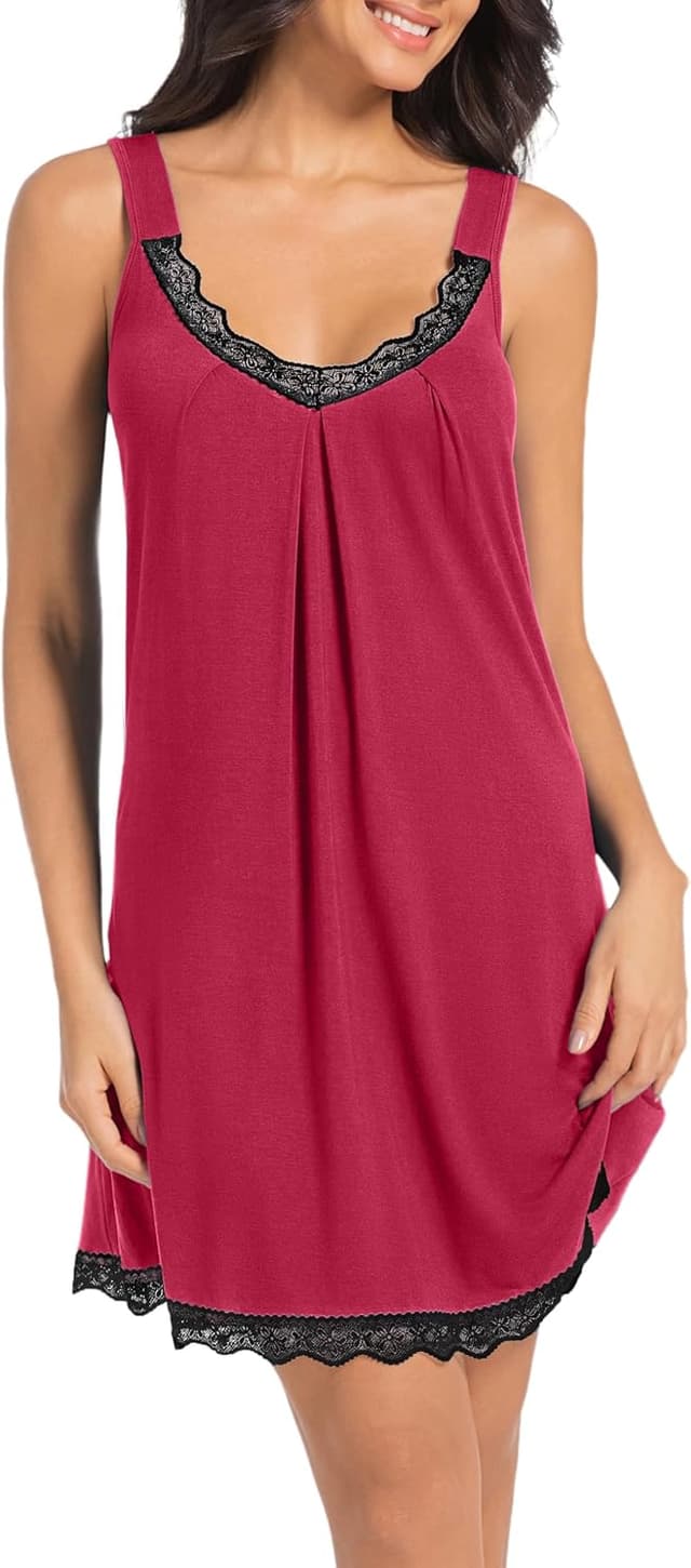 Detalle 2 de SHCNSJC Damen-Nachthemd mit Spitze aus Modal/Elasthan – ärmellos, kurz