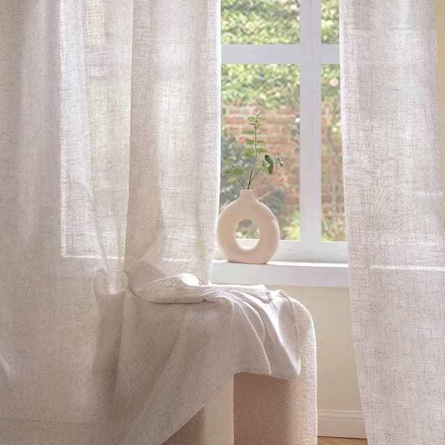 Detalle de Woaboy Leinen Kruz Gardinen (2er-Set) halbtransparent mit Ösen, 140 x 145 cm – Weiß