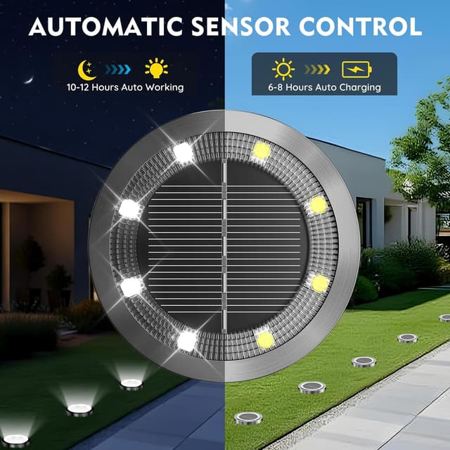 Detalle de Dankeled 12er-Set Solar-Bodenleuchten außen (8 warmweiße LEDs) – IP65, Edelstahl/Kunststoff
