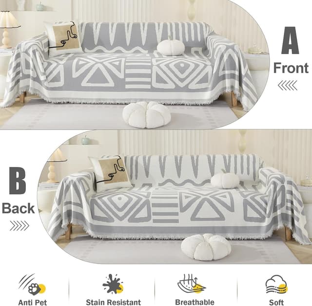 Detalle 2 de Royhom Housse de canapé d’angle 3 places en chenille grise claire (180x340 cm) avec glands décoratifs