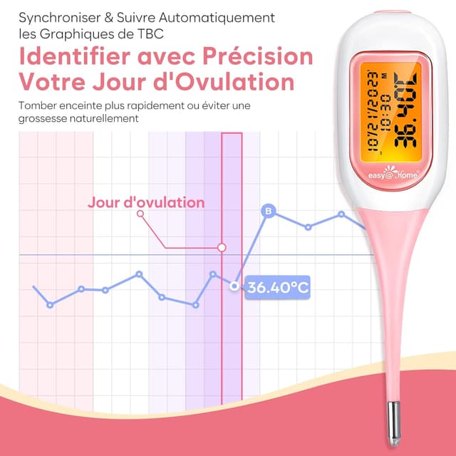 Detalle de Easy@Home Thermomètre basal Bluetooth avec suivi d’ovulation et appli Premom (iOS/Android) – Rose