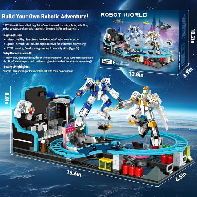 Detalle 2 de Rongmeiz Space Roller Coaster Building (1257 Teile) – Kreatives STEM-Bauprojekt mit Raketen-Launch & Satellitenstation