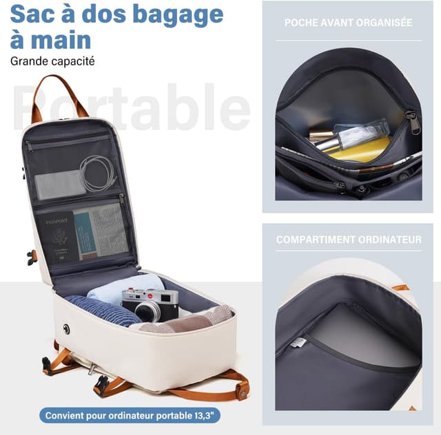 Detalle de COOLIFE Sac de cabine et sac à dos de voyage 40×20×25 cm (format cabine) avec poches et emplacement ordinateur 13,3 pouces