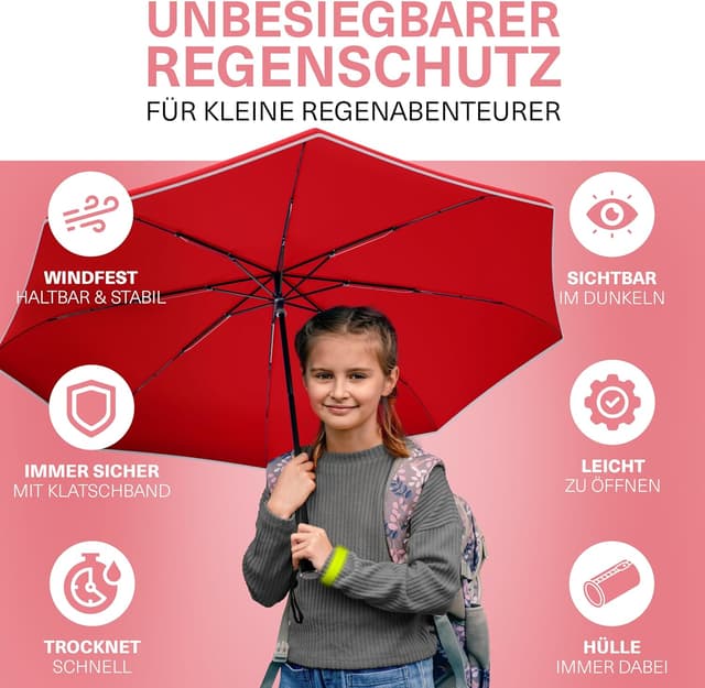 Detalle de STYNGARD Regenschirm mit Automatik für Kinder Rotterdam (Rot) – mit Sicherheitsreflektoren