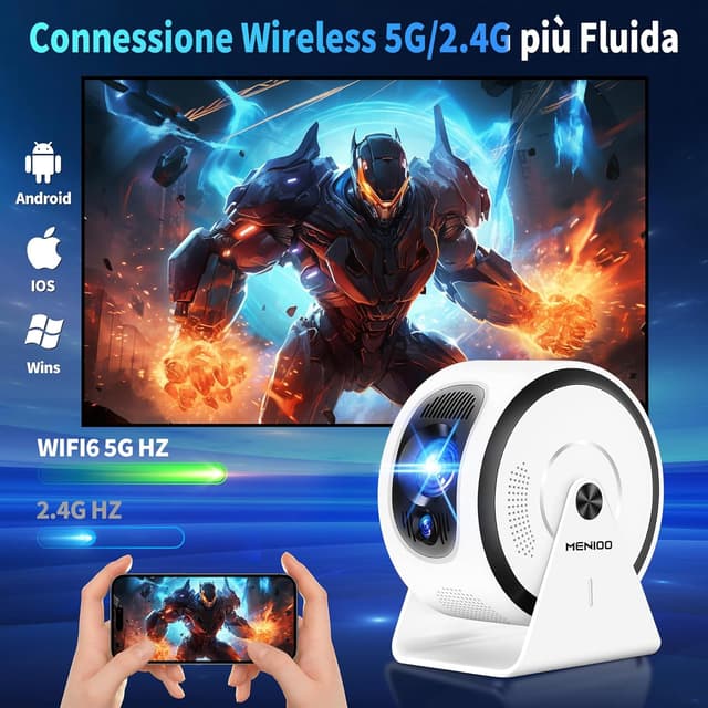 Detalle 2 de Mini Projector portatile con Android TV, WiFi 6 e Bluetooth 5.4, autofocus e correzione trapezoidale 360° (bianco)
