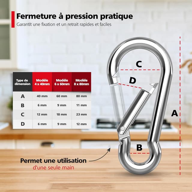 Detalle de RAVN HAMAN Jeu de 6 mousquetons 4 x 40 mm avec fermeture à ressort, acier galvanisé (charge jusqu’à 40 kg)