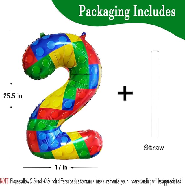 Detalle de CHANGZHONG 32 Inch Building Block Number 2 Foil Mylar Balloon (helium or air) for 2nd birthday