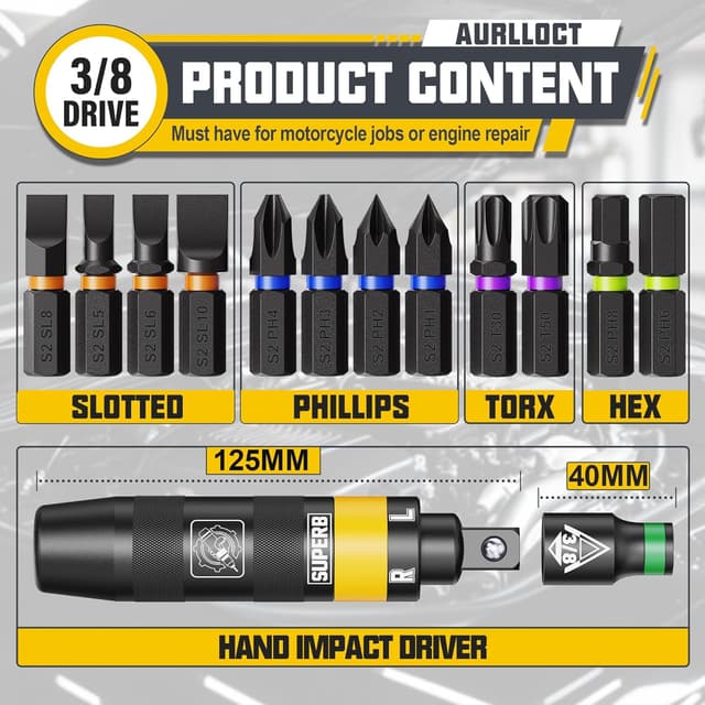 Detalle 2 de Aurlloct cacciavite a impatto 3/8" con testina rimovibile, 13 pezzi