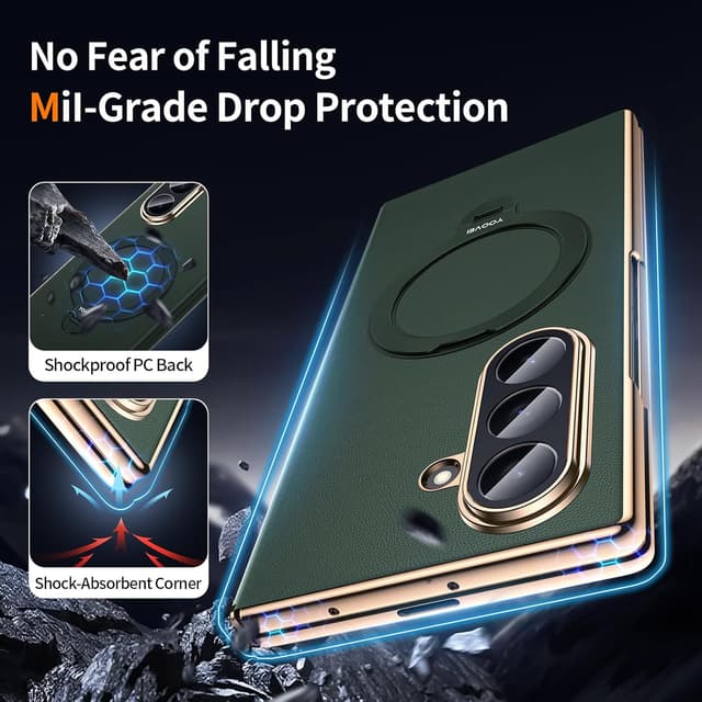 Detalle 2 de YOOVEI Magnetic Leather Case for Samsung Galaxy Z Fold 7 with Hinge Protection, Kickstand & Screen Protector (Green)