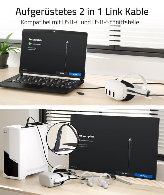 Detalle 2 de Syntech Link-Kabel (5 m / 16 ft) mit USB-3.0-Adapter für Meta/Oculus Quest 3S, Quest 3, Quest 2, Quest Pro, Pico 4/Ultra & PC/SteamVR – USB‑C, 5 Gbit/s, Schwarz