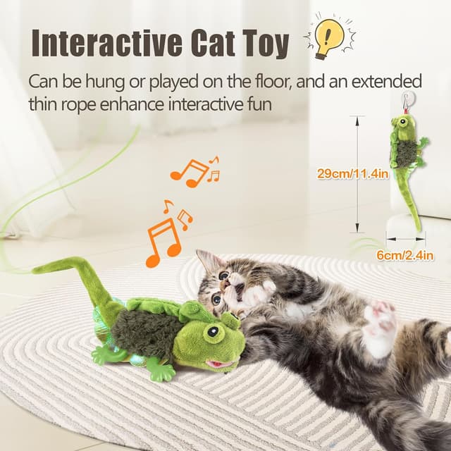 Detalle 2 de Migipaws touch-activated flapping chirping lizard kitten toy (USB rechargeable)