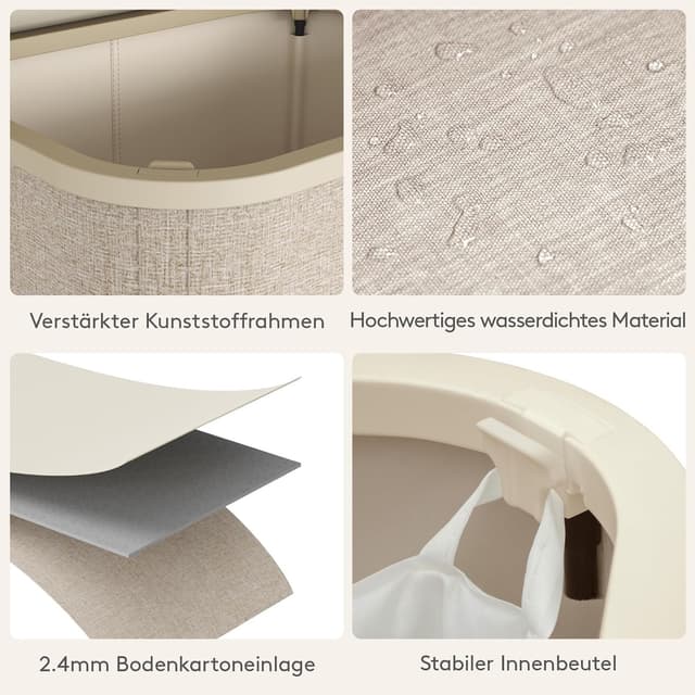 Detalle de Lifewit Schmaler Wäschekorb mit Deckel, 65 l – faltbarer Wäschesortierer mit Kunststoffrahmen, beige