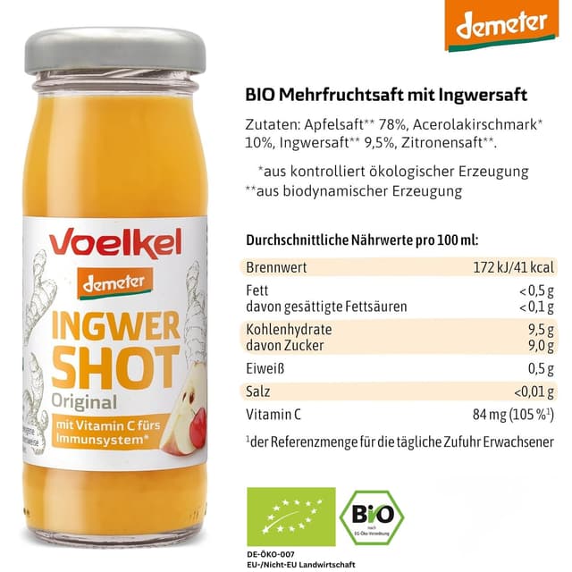 Detalle 2 de Voelkel Bio Ingwer Shot Original mit Vitamin C – Demeter-Qualität im 16er-Pack