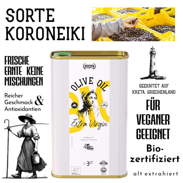 Detalle de Apsogo Bio Extra Natives Olivenöl aus Kreta (3.000 ml) – mild & fruchtig, kaltgepresst
