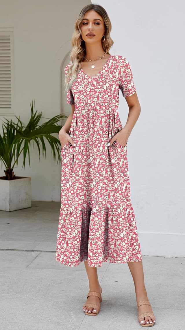 Detalle 2 de Women's 2026 Summer Short Sleeve V-Neck Swing Dress with Tiered Maxi Skirt and Pockets