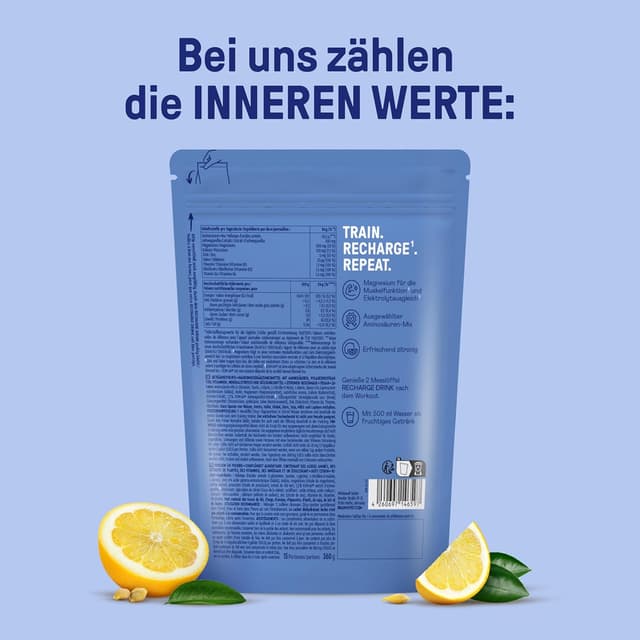 Detalle 2 de Braineffect Recharge Premium Hydratationsmischung (360 g) – Elektrolyte ohne Zucker mit Stevia, EAA & BCAA, Zitronengeschmack