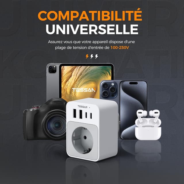 Thumbnail 6 de TESSAN Adaptateur prise anglaise 5 en 1 type G avec 2 USB-C et 2 USB-A (3250W) pour Royaume-Uni, Irlande, Dubaï