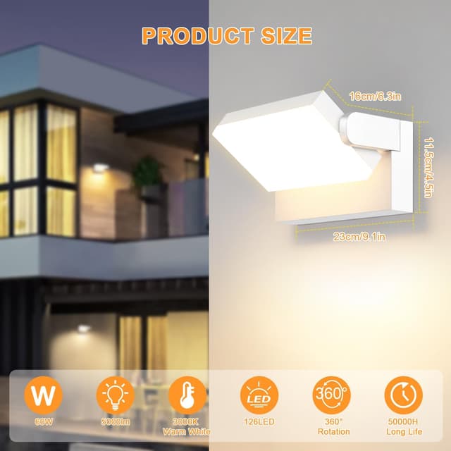 Detalle 2 de ledmo 60W LED-Außenwandleuchte (IP65) mit 360° schwenkbarem LED-Panel, 5.000 Lumen, 3.000K warmweiß