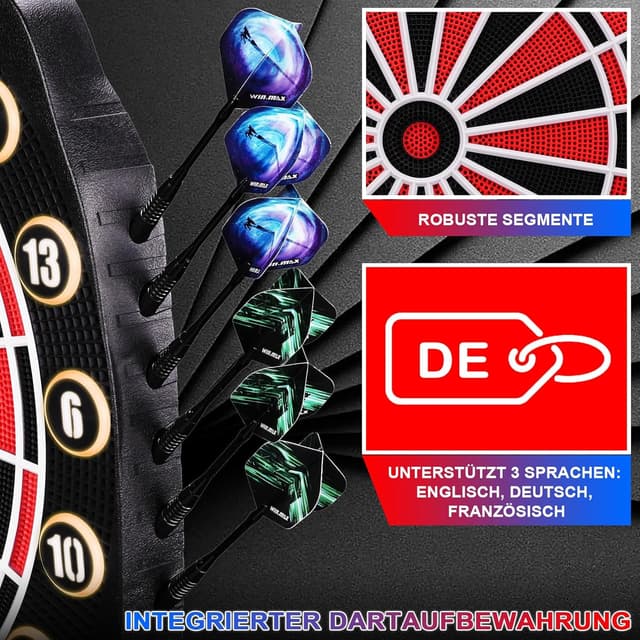 Detalle de WIN.MAX Elektronische Dartscheibe Profi Set mit 34 Games, 354 Varianten – für 1 bis 8 Spieler, 3 Sprachen