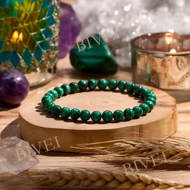 Detalle 2 de Bivei Perlenarmband für Frauen mit 6-mm Malachit – dehnbares Elastikband für Yoga & Geschenke