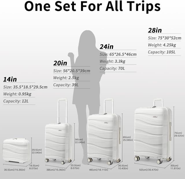 Detalle de KONO Mittelgroß Koffer 65 cm mit TSA-Schloss, 4 Rollen und Polypropylen-Hartschale (Creme Weiß)