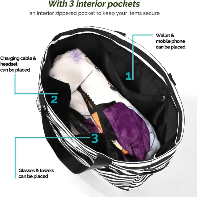 Detalle 2 de HOMESPON Large Waterproof Beach Tote Bag (Zip, Pockets, Foldable) – Black and White Stripes