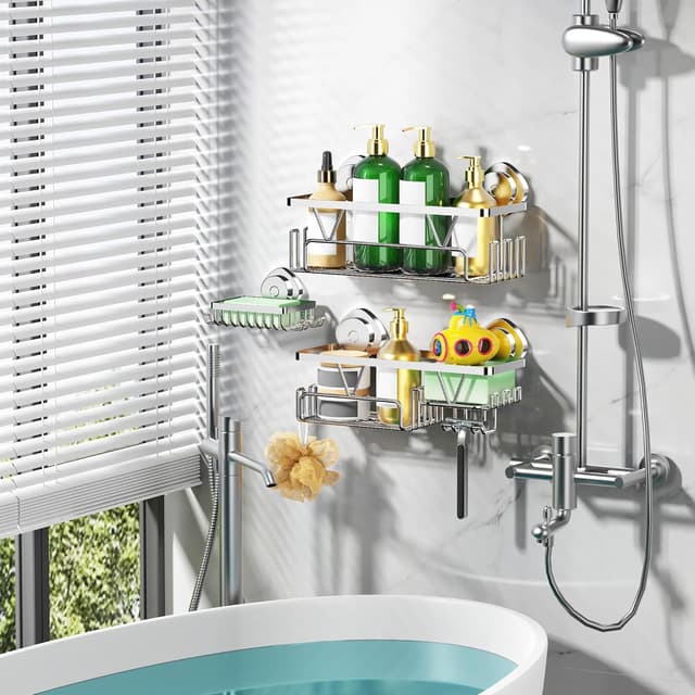 Detalle 2 de ZUNTO Wall-Mounted Shower Caddy with Strong Suction Cups (Silver) – waterproof suction storage with hooks and quick-drying rack