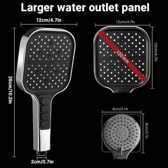 Detalle 2 de HOAENTSA square high-pressure shower head with 2m hose (7+1 modes)