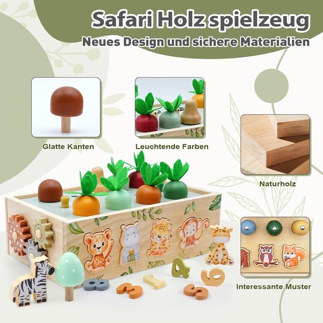 Detalle 2 de Montessori Safari Motorikwürfel aus Holz (ab 1 Jahr) – 9-in-1 Motorikspielzeug