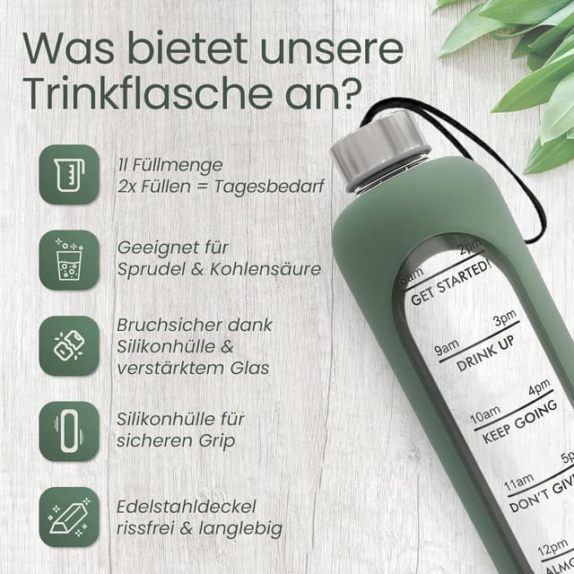 Detalle de Amalindo Trinkflasche Glas 1L (kohlensäuregeeignet) mit Bürste & Silikonhülle – Olivgrün