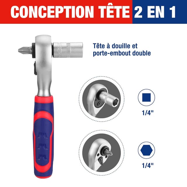 Detalle de WORKPRO Coffret de douilles et embouts 42 pièces, mini clé à cliquet 1/4" double tête 2-en-1