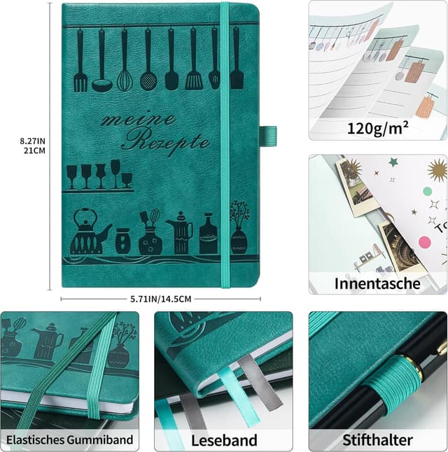Detalle 2 de Rezeptbuch A5 zum Selberschreiben „Meine Lieblingsrezepte“ – DIY Koch- & Backbuch zum Ausfüllen (Seeblau)