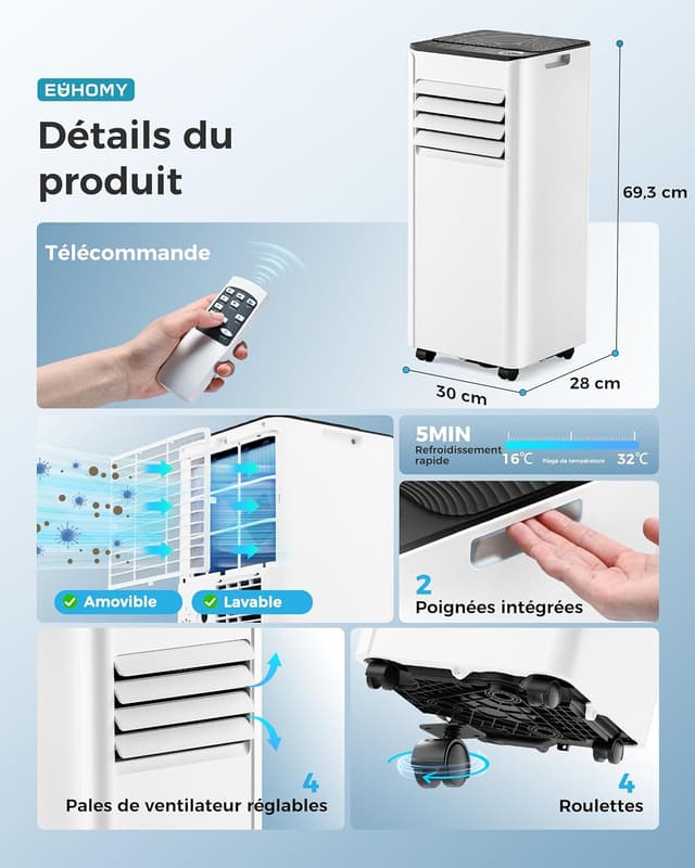 Thumbnail 3 de EUHOMY Climatiseur mobile 7000 BTU