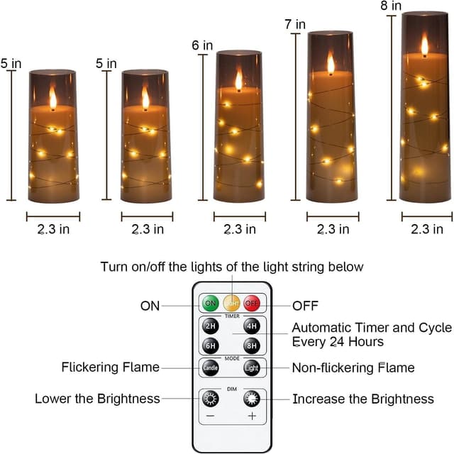 Detalle de Homemory Flickering Flameless Candles with String Lights (Set of 5) with Remote & Timer, Grey acrylic