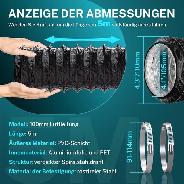 Detalle 2 de HG Power Abluftschlauch 100 mm, 5 m flexibler PVC‑Alu Lüftungsschlauch (schalldämmend), schwarz