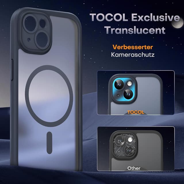 Detalle de TOCOL für iPhone 15 Plus Hülle (6,7 Zoll) mit MagSafe, 360° Schutz & Kameraschutz – Schwarz