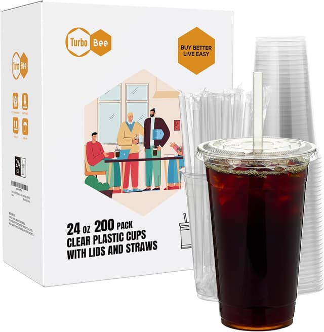 Detalle de Turbo Bee 200 Sets 24 oz Clear Plastic Cups with Lids and Straws (Disposable To-Go Iced Coffee Cups)