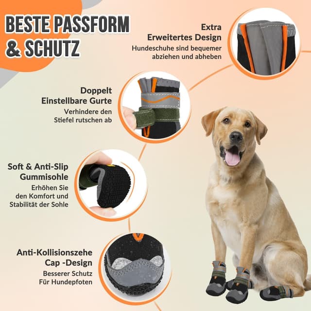 Detalle de SlowTon Hundeschuhe Pfotenschutz (4 Stück) – wasserdicht mit rutschfester Sohle & reflektierenden Klettverschlüssen