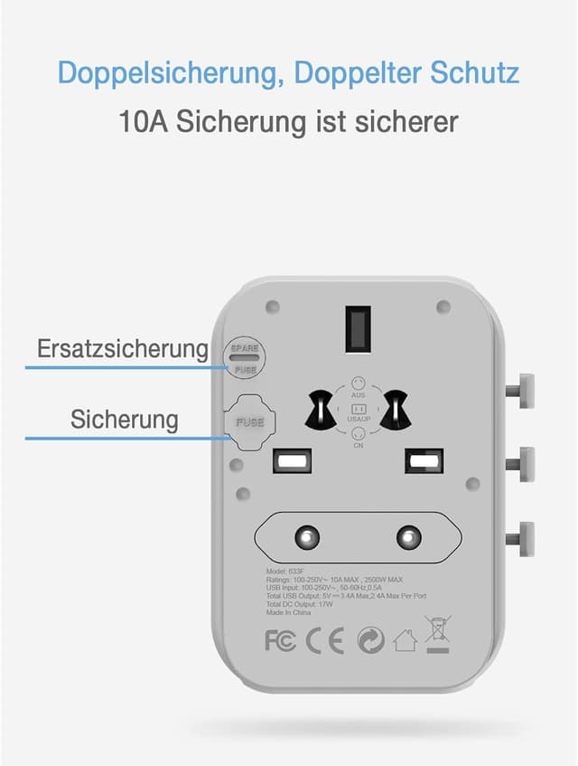 Detalle de TESSAN Adaptateur prise universelle avec 4 USB-A et port secteur (CA) pour voyages France/USA/Canada/UK/Japon